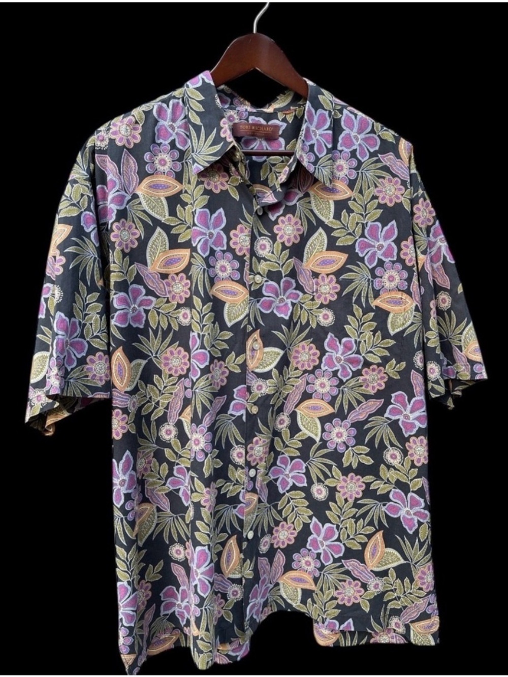 TORI RICHARD 3XL black with floral abstract shirtsleeved pocketed Hawaiian shirt
